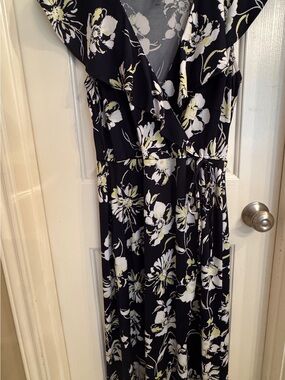 Soho Apparel Black Floral Wrap Maxi Dress with White and Pale Green Blooms